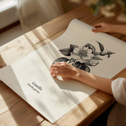 Camellia Poster | Camellia japonica Pen and Ink Print — Vintage Botanical Illustration Wall Art — giclée print detail on matt