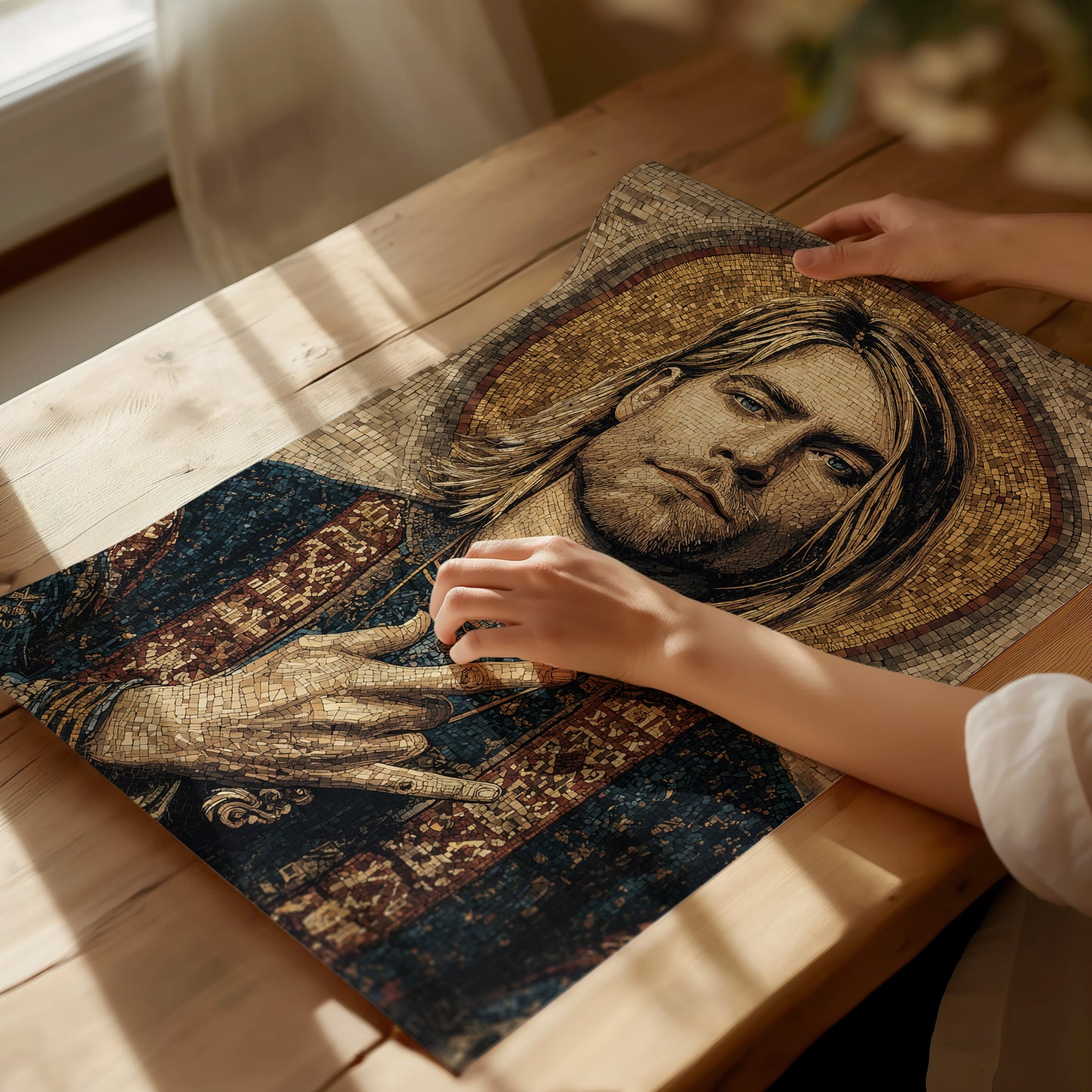 Byzantine-style mosaic portrait art of Kurt Cobain, featuring earthy tones and a halo design, ideal for iconic music wall decor.