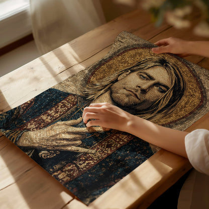 Byzantine-style mosaic portrait art of Kurt Cobain, featuring earthy tones and a halo design, ideal for iconic music wall decor.