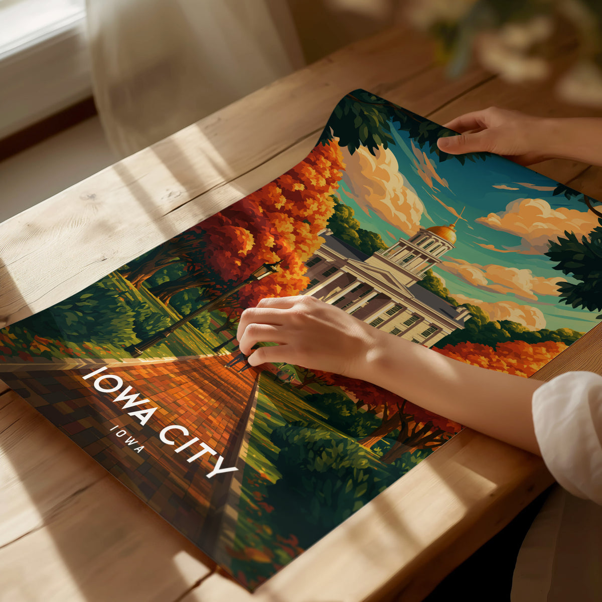 Iowa City, Iowa Poster | Heartland Campus & River Charm Travel Wall Art — giclée print detail on matte paper