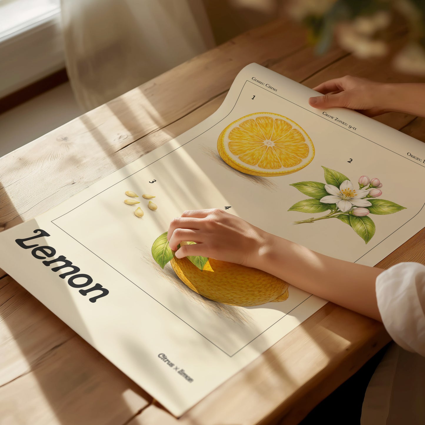 Framed botanical lemon poster featuring a detailed cross-section, vibrant yellow rind, white flowers, and green leaves, perfect for space art decor.