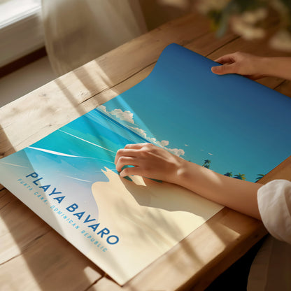 Framed Punta Cana Beach poster featuring Playa Bavaro's turquoise waters, sandy shore, and palm trees in a vibrant, minimalist style.