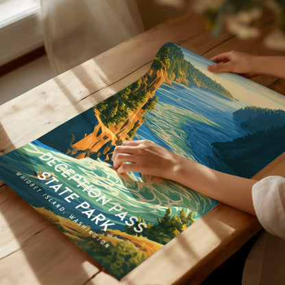 Deception Pass State Park, Whidbey Island, Washington Poster | Dramatic Bridge & Emerald Waters Wall Art — giclée print detai