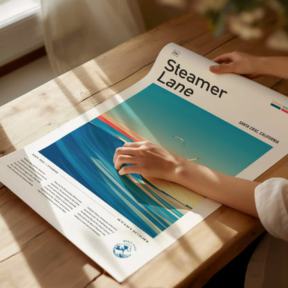A person examines a Steamer Lane poster on a wooden table, showcasing vibrant waves and a serene sky. Sunlight filters through a nearby window, casting soft shadows.