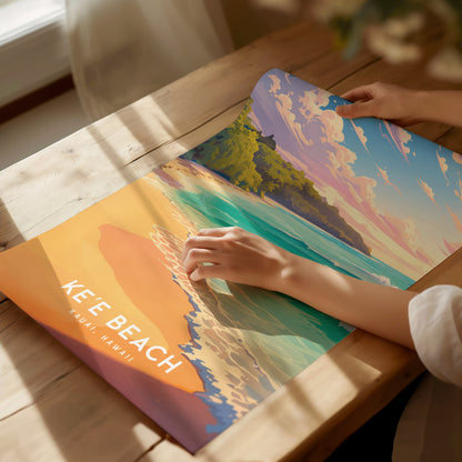 Keʻe Beach Poster – Kauai Hawaii Art Print, Sunset Coastal Wall Art, Framed or Unframed, Tropical Ocean Decor, Gift for Island Lovers