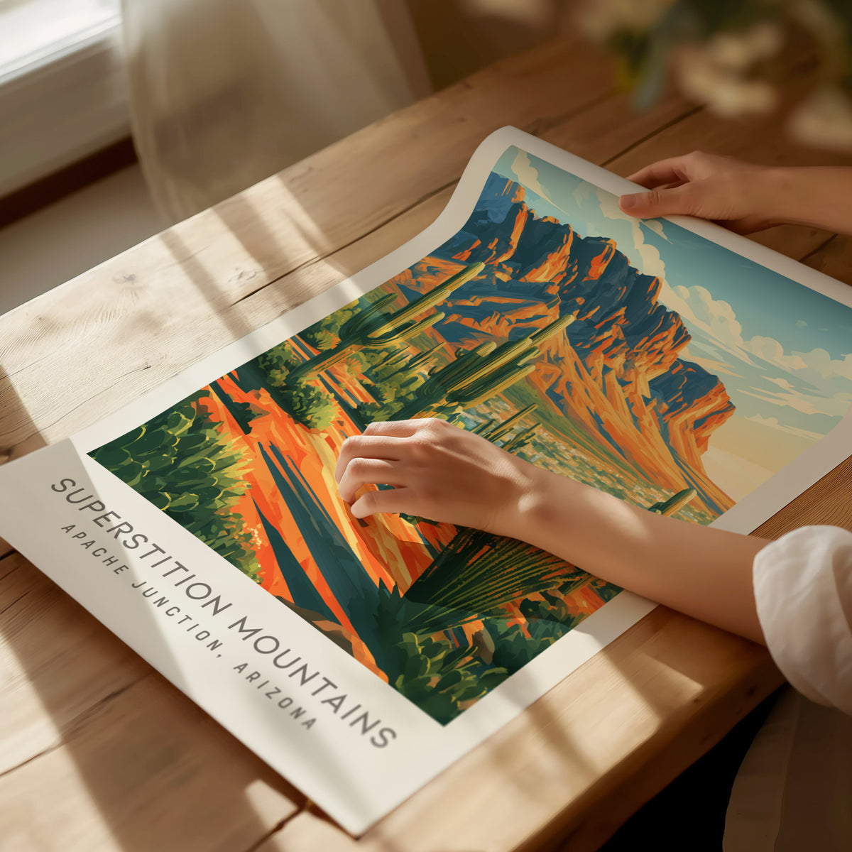 Superstition Mountains Matte Border Poster | Apache Junction, Arizona Travel Wall Art — giclée print detail on matte paper
