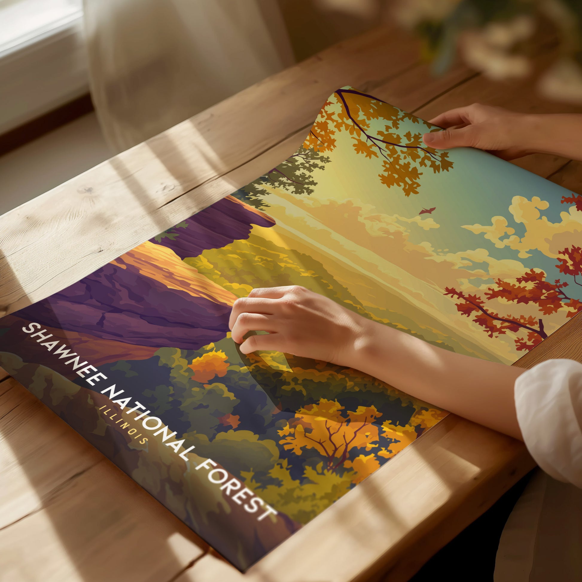 Vibrant autumn landscape of Shawnee National Forest poster, showcasing warm foliage colors and serene sunset sky, perfect travel art.
