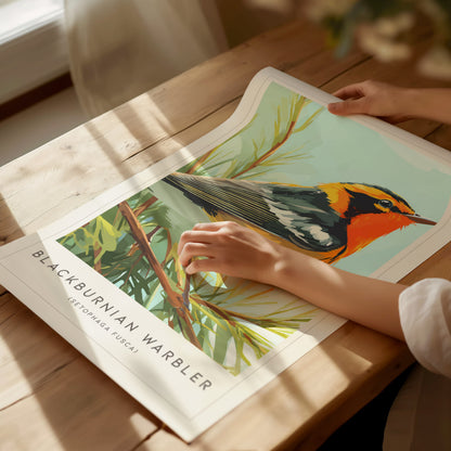 Blackburnian Warbler, Setophaga fusca Poster | Fiery Songbird Nature Print Wall Art — giclée print detail on matte paper