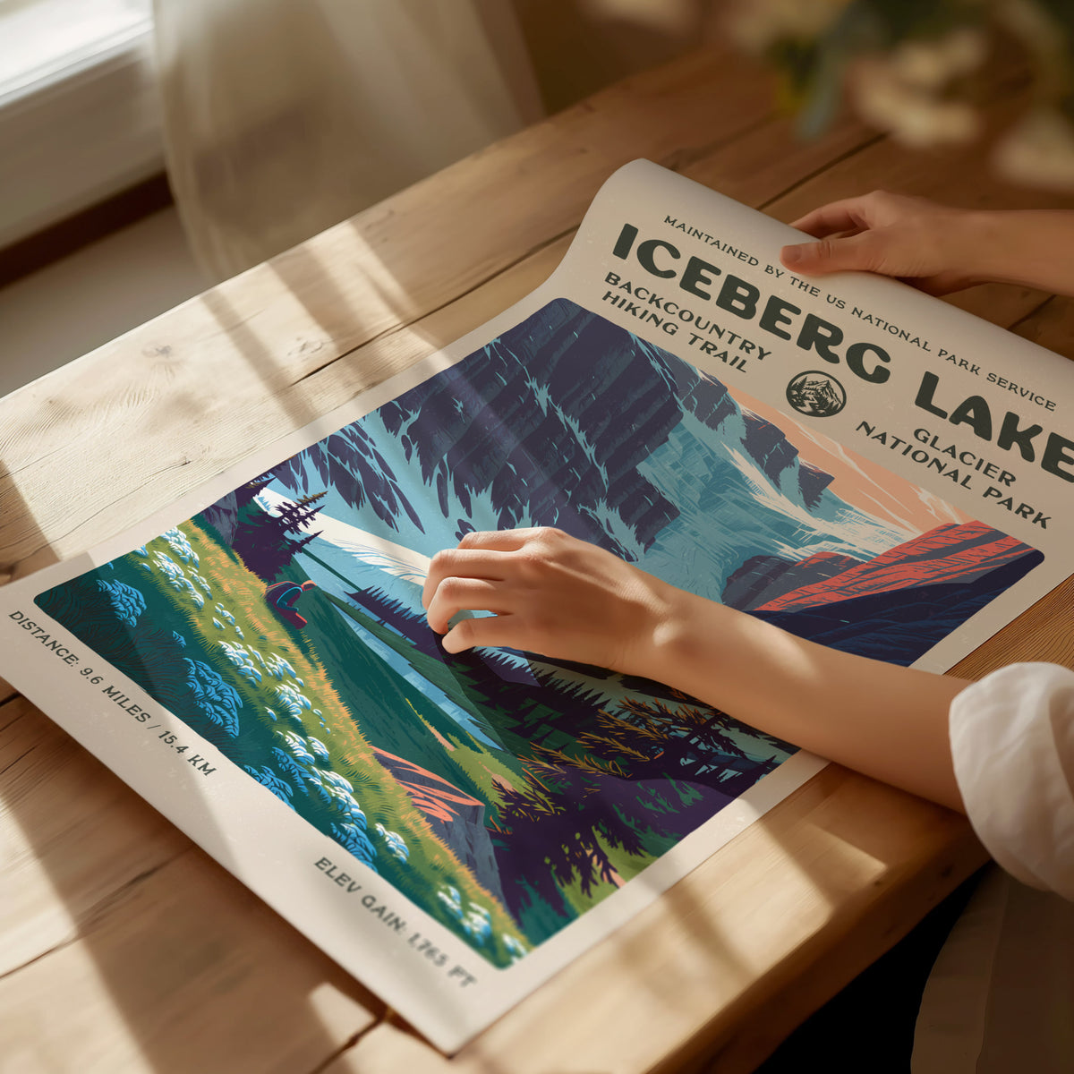 Iceberg Lake, Glacier National Park Poster | Hiker Gift | Backcountry Trail Wall Art — giclée print detail on matte paper