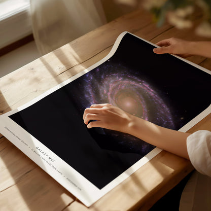 Unframed M81 galaxy poster printed on matte archival paper laid flat on a tabletop