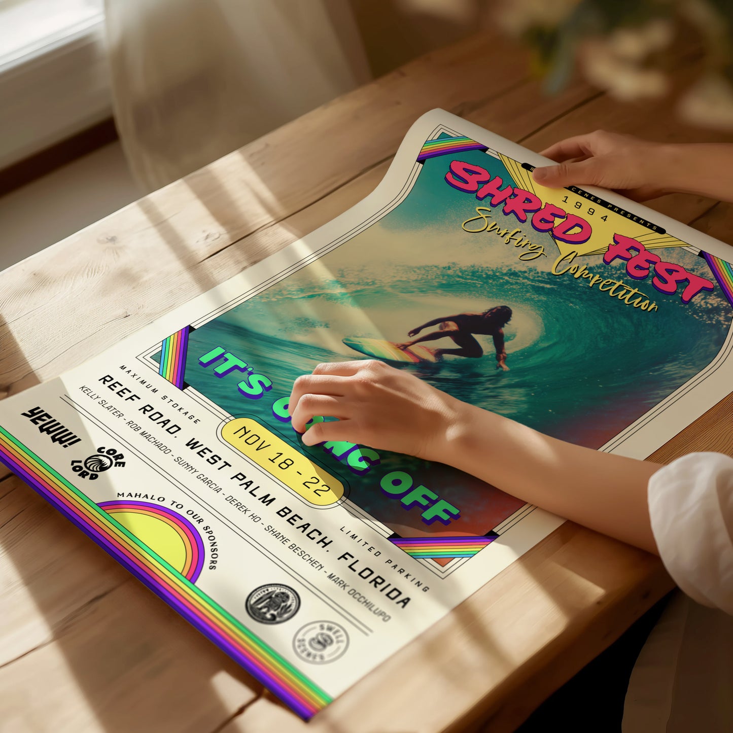 Vibrant retro surf art poster showcasing a surfer riding a wave at the Shred Fest 1994, perfect for surf decor and gifts.