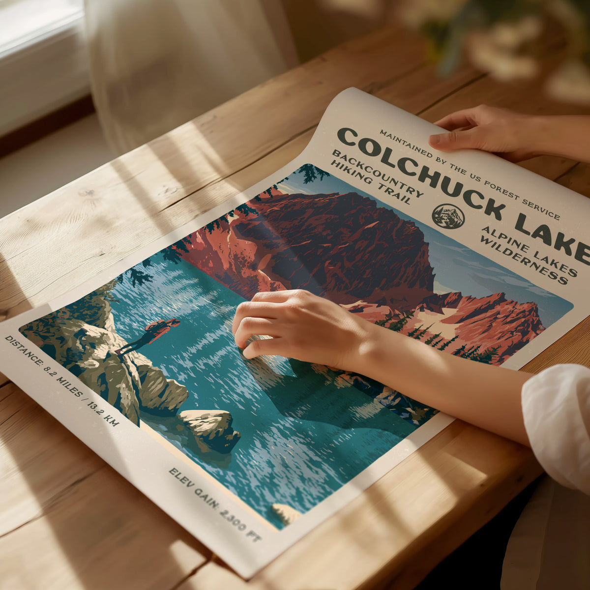 Colchuck Lake, Alpine Lakes Wilderness Poster | Hiker Gift | Backcountry Trail Wall Art — giclée print detail on matte paper