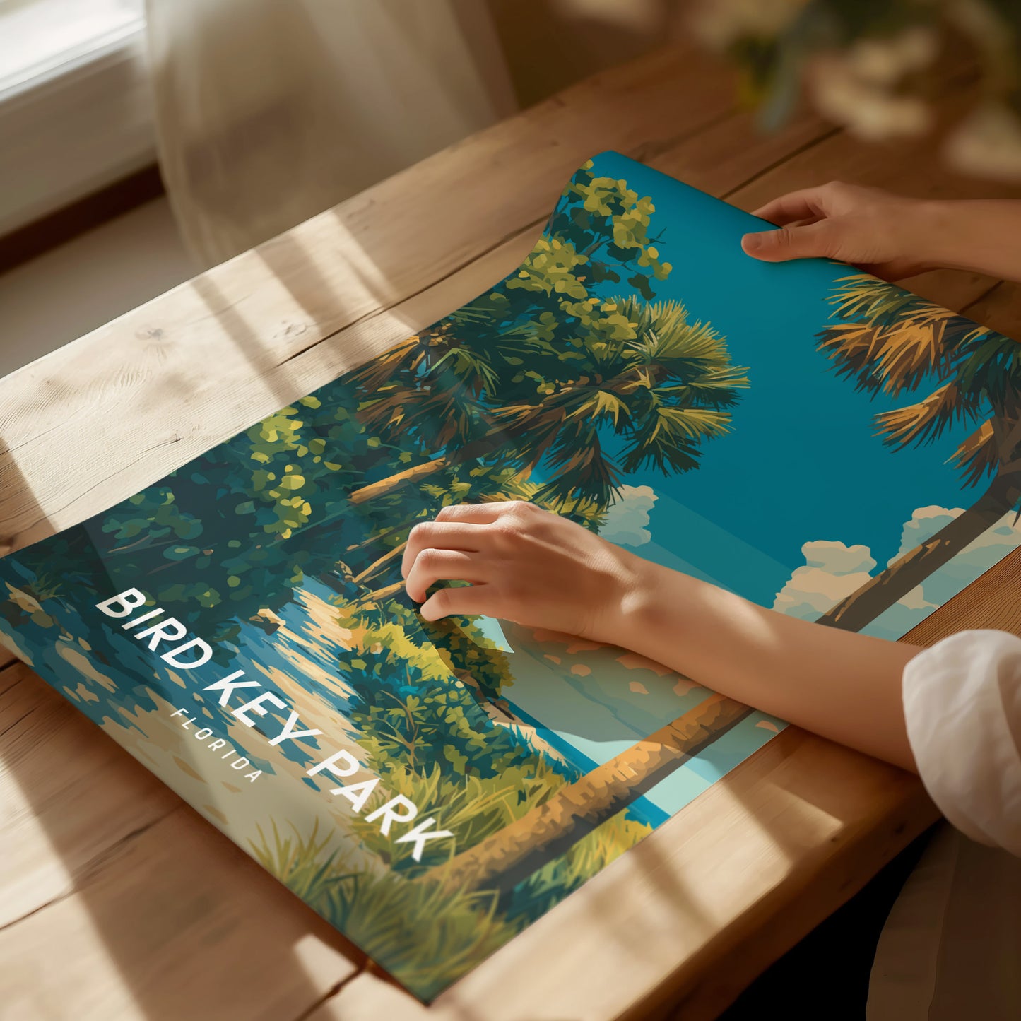 Bird Key Park, Florida Poster | Tropical Waterfront Serenity Wall Art — giclée print detail on matte paper