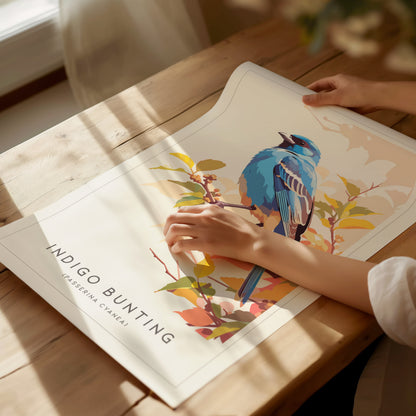 Vibrant Indigo Bunting art print by Swell Scenes, showcasing a stylized blue bird on a branch with warm autumn hues, perfect for nature lovers.