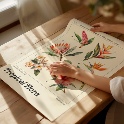A person examines a botanical illustration poster featuring tropical flowers, including Hibiscus and Bird of Paradise, on a wooden table. The poster is titled Tropical Flora.