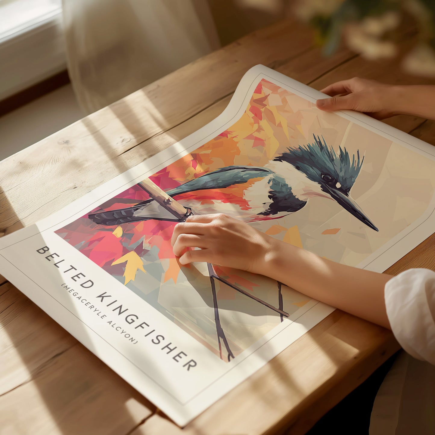 Stylized Belted Kingfisher illustration in vibrant blues and oranges, modern geometric design for nature art lovers.