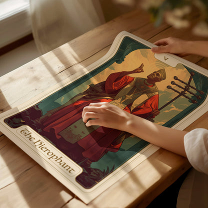 A person is handling a Hierophant tarot card poster on a wooden table, depicting a spiritual figure in red robes with a gesture of blessing.