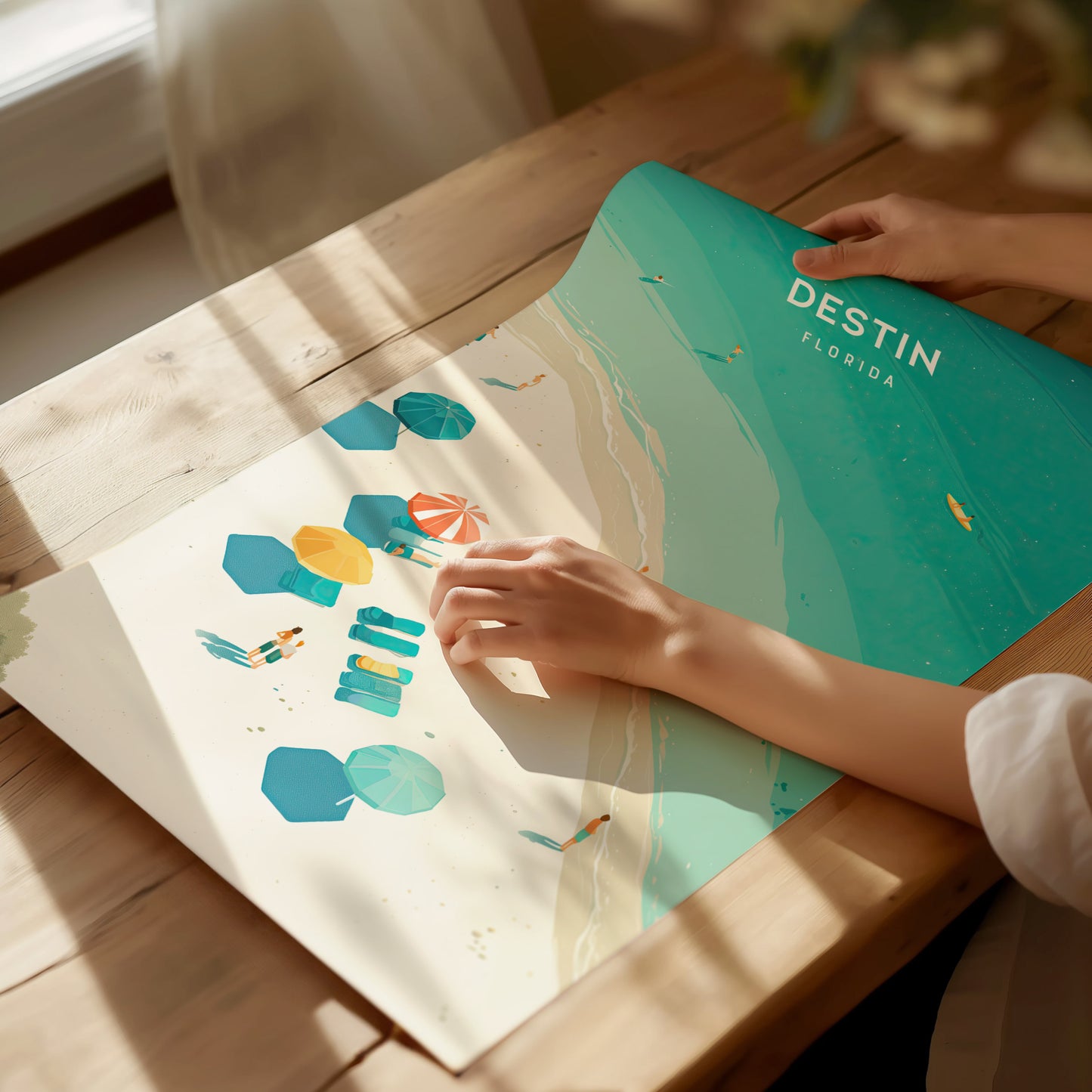 A person holds a vibrant Destin, Florida poster depicting colorful beach umbrellas on a sandy shore with turquoise waters. Sunlight casts gentle shadows on the wooden table.