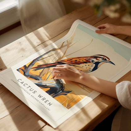 Cactus Wren Poster | Desert Songbird & Blooming Cactus Wall Art — giclée print detail on matte paper