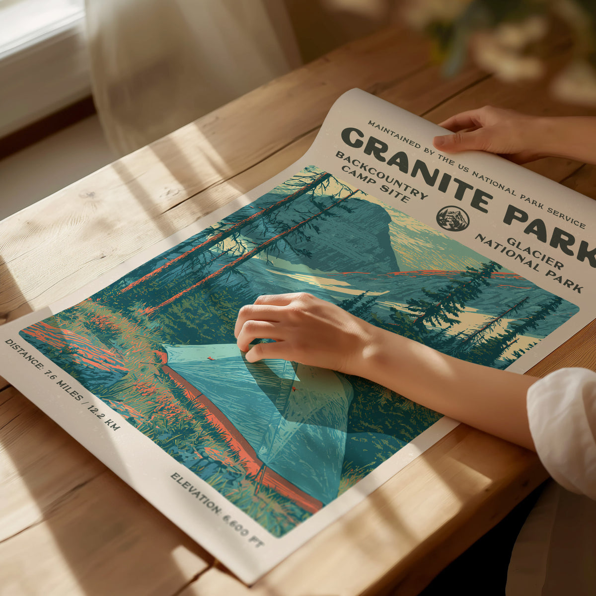 Granite Park, Glacier National Park Poster | Hiker Gift | Backcountry Trail Wall Art — giclée print detail on matte paper