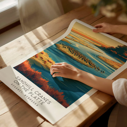 Sandhill Cranes on the Platte Matte Border Poster | Kearney, Nebraska Destination Print — giclée print detail on matte paper