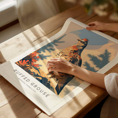 Ruffed Grouse Poster | Woodland Bird in Autumn Forest Wall Art — giclée print detail on matte paper