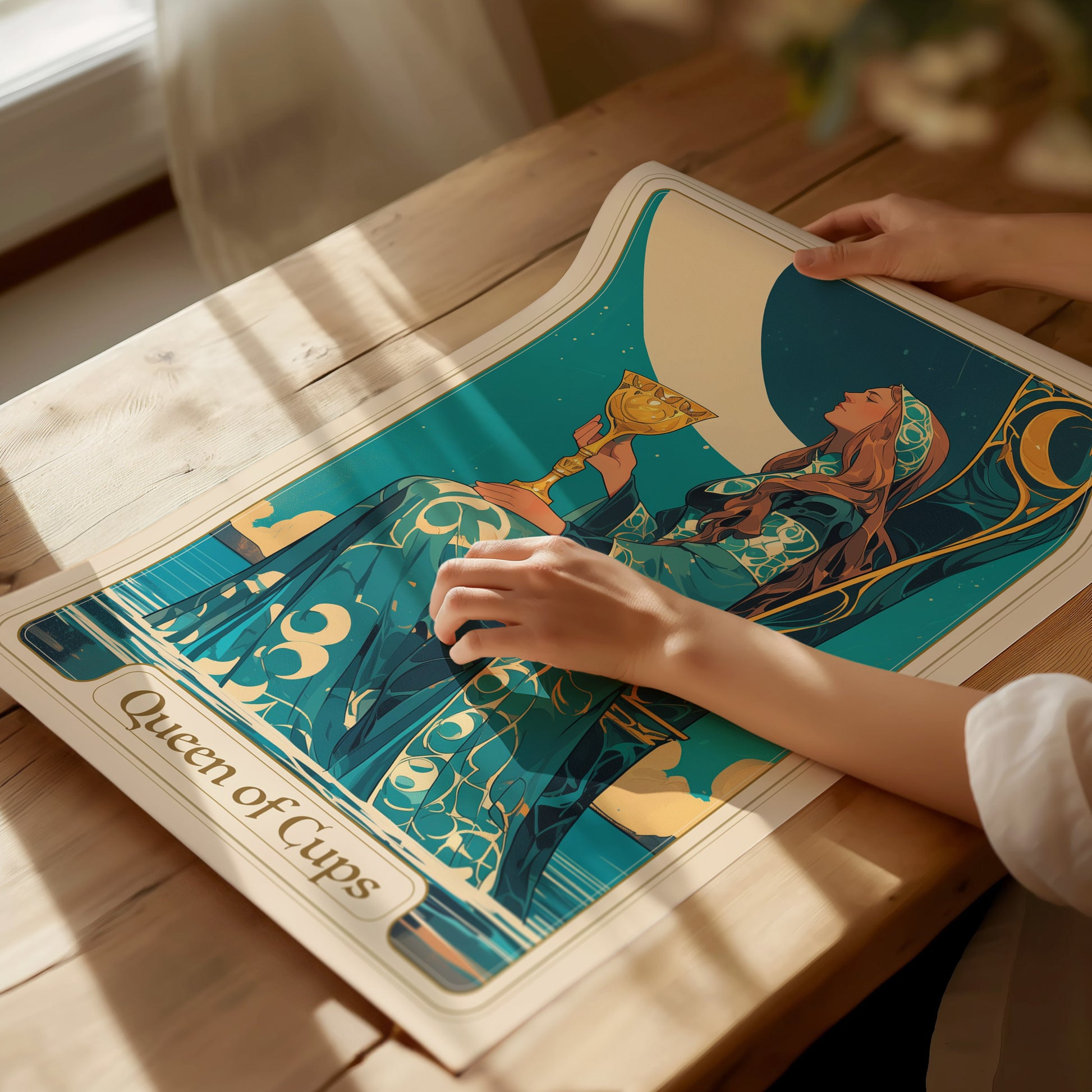 Stylized Queen of Cups tarot art print featuring a regal woman with a large cup, in calming blue and gold tones, ideal for mystical decor.