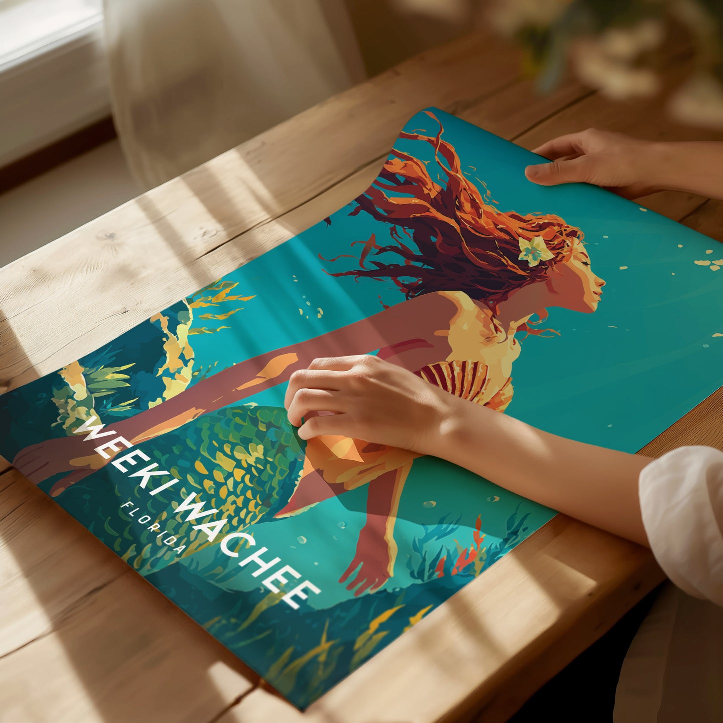 A person gently holds a vibrant poster featuring a mermaid surrounded by lush underwater scenery, with the text WEEKI WACHEE FLORIDA prominently displayed at the bottom.