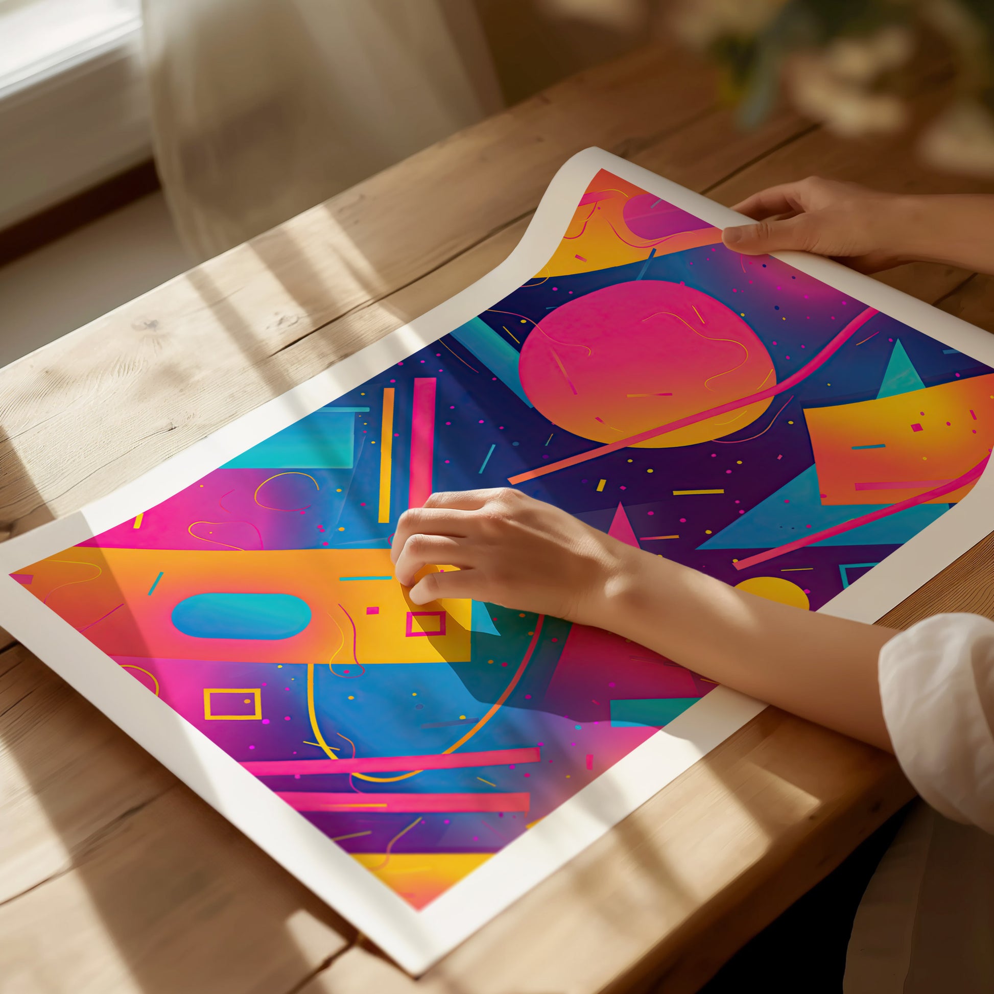A person adjusts a vibrant 90s aesthetic poster featuring bold geometric shapes in electric pink, purple, yellow,.