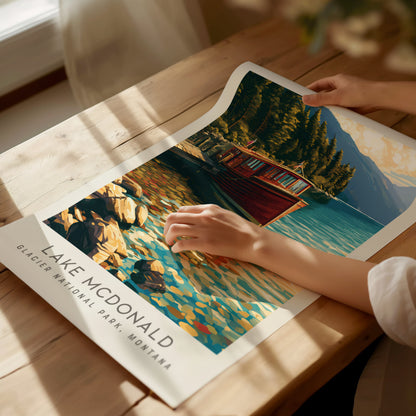 Lake McDonald Matte Border Poster | Glacier National Park, Montana Vacation Wall Art — giclée print detail on matte paper