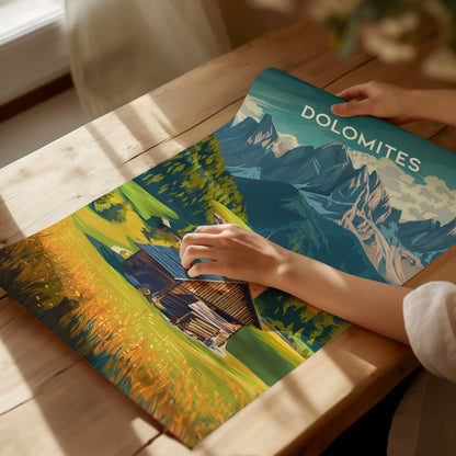 Dolomites, Italy Poster | Alpine Peaks & Meadow Travel Wall Art — giclée print detail on matte paper