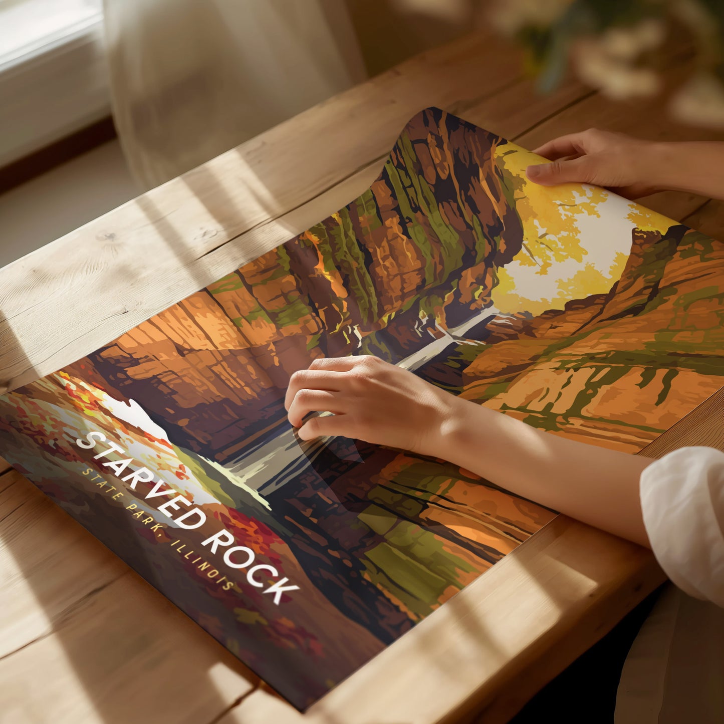 Starved Rock State Park, Illinois Poster | Canyon Waterfall Destination Print Wall Art — giclée print detail on matte paper