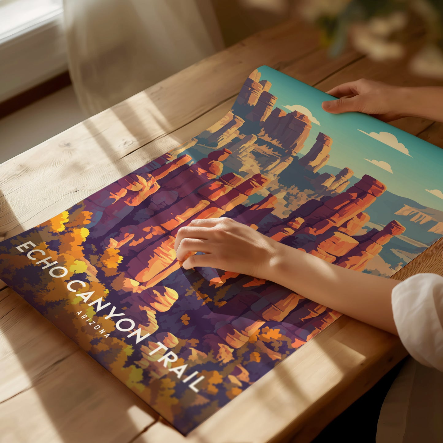 Framed Echo Canyon Trail wall art featuring vibrant red rock formations and a clear blue sky, capturing Arizona's desert beauty.