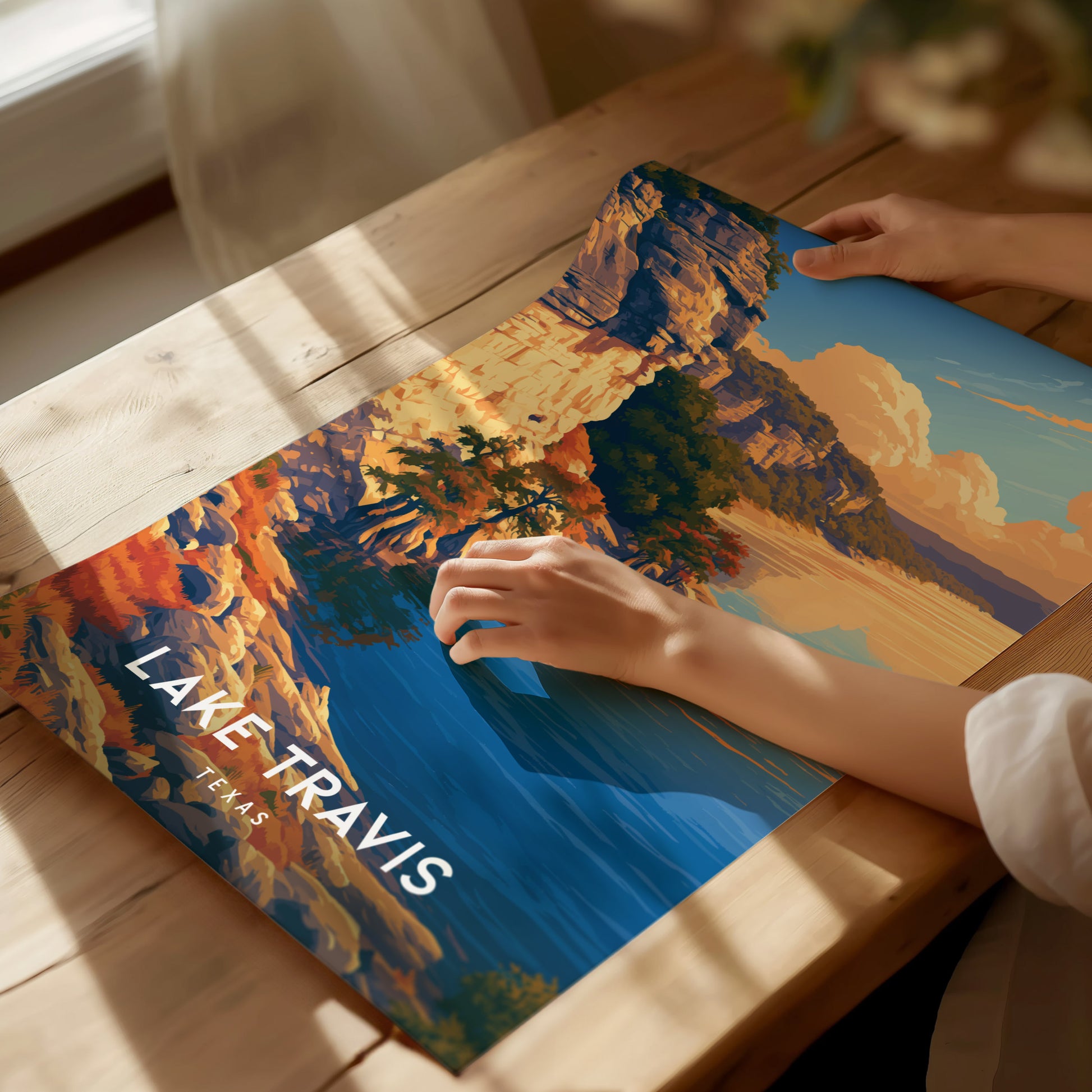 Lake Travis, Texas Poster | Hill Country Lake Sunset Wall Art — giclée print detail on matte paper