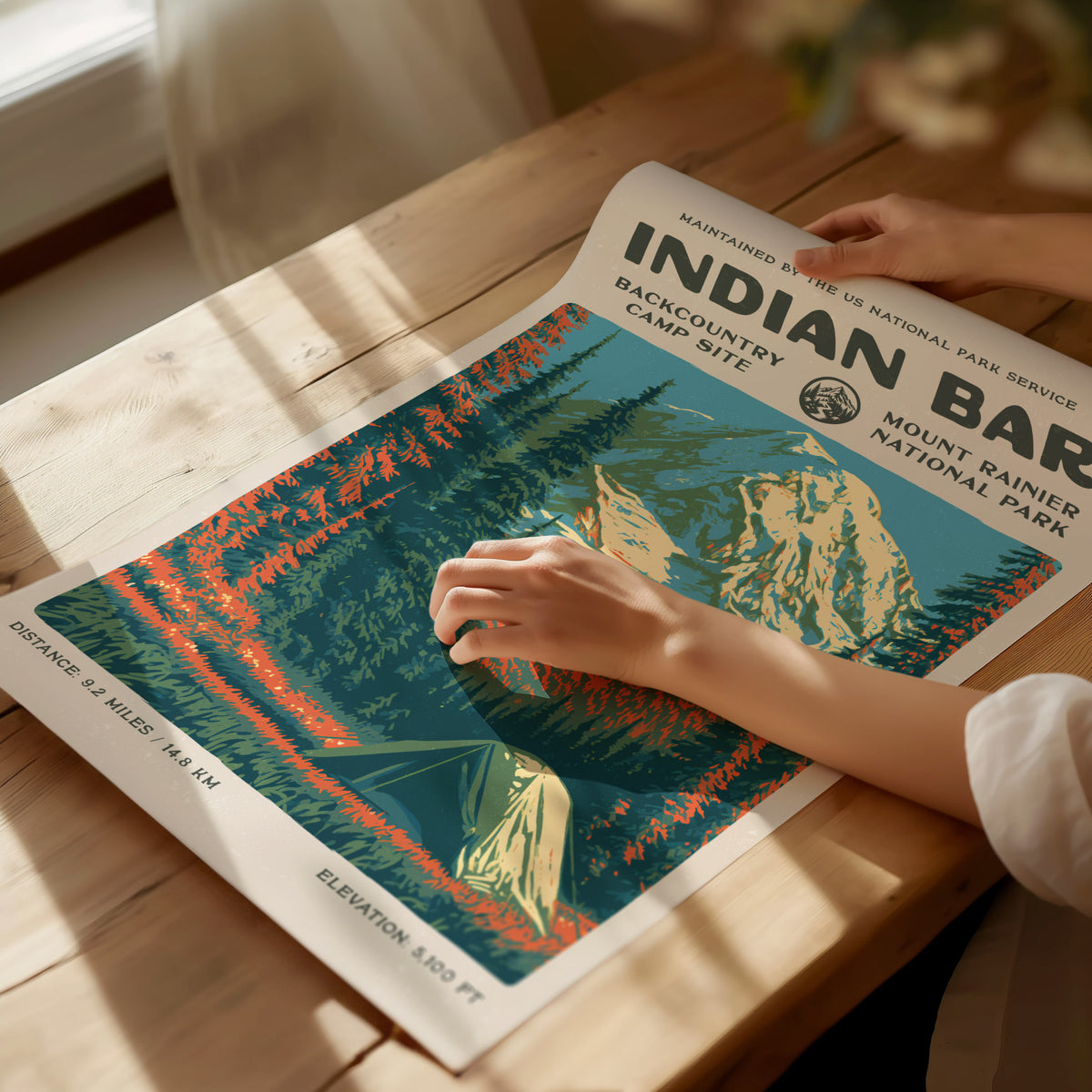Indian Bar, Mount Rainier National Park Poster | Hiker Gift | Backcountry Trail Wall Art — giclée print detail on matte paper