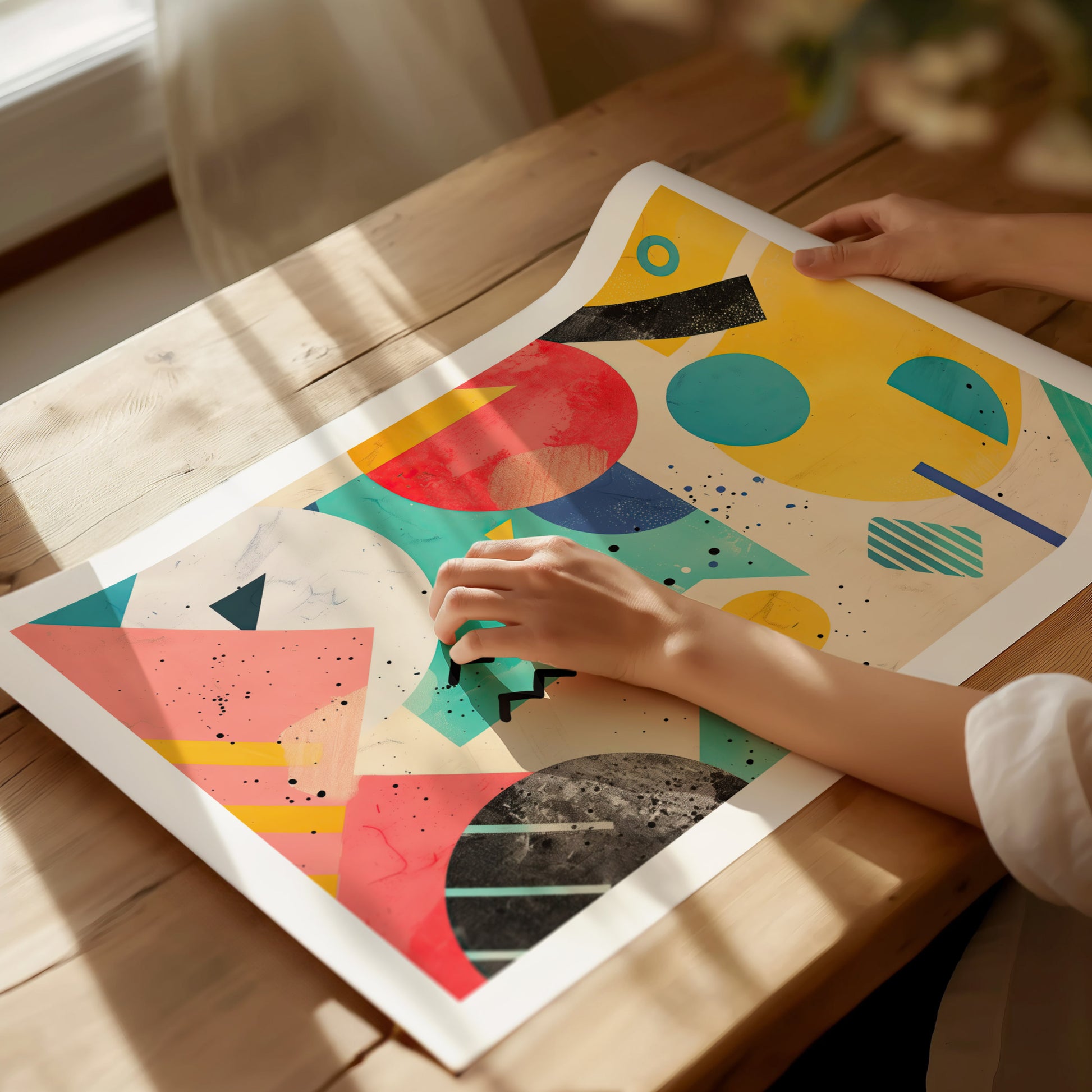 A person is holding a colorful geometric poster on a wooden table, featuring bold shapes in red, yellow, teal, and black. Sunlight casts soft shadows across the scene.