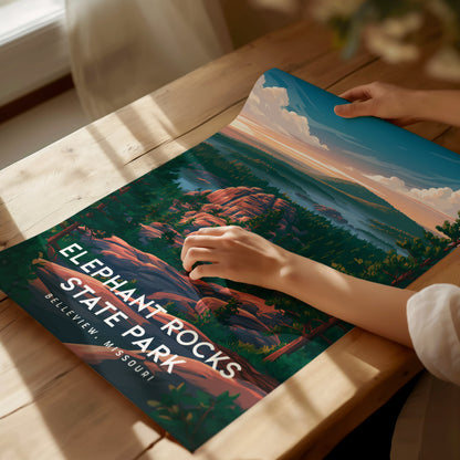 Elephant Rocks State Park, Belleview, Missouri Poster | Ancient Granite Boulders Travel Wall Art — giclée print detail on mat