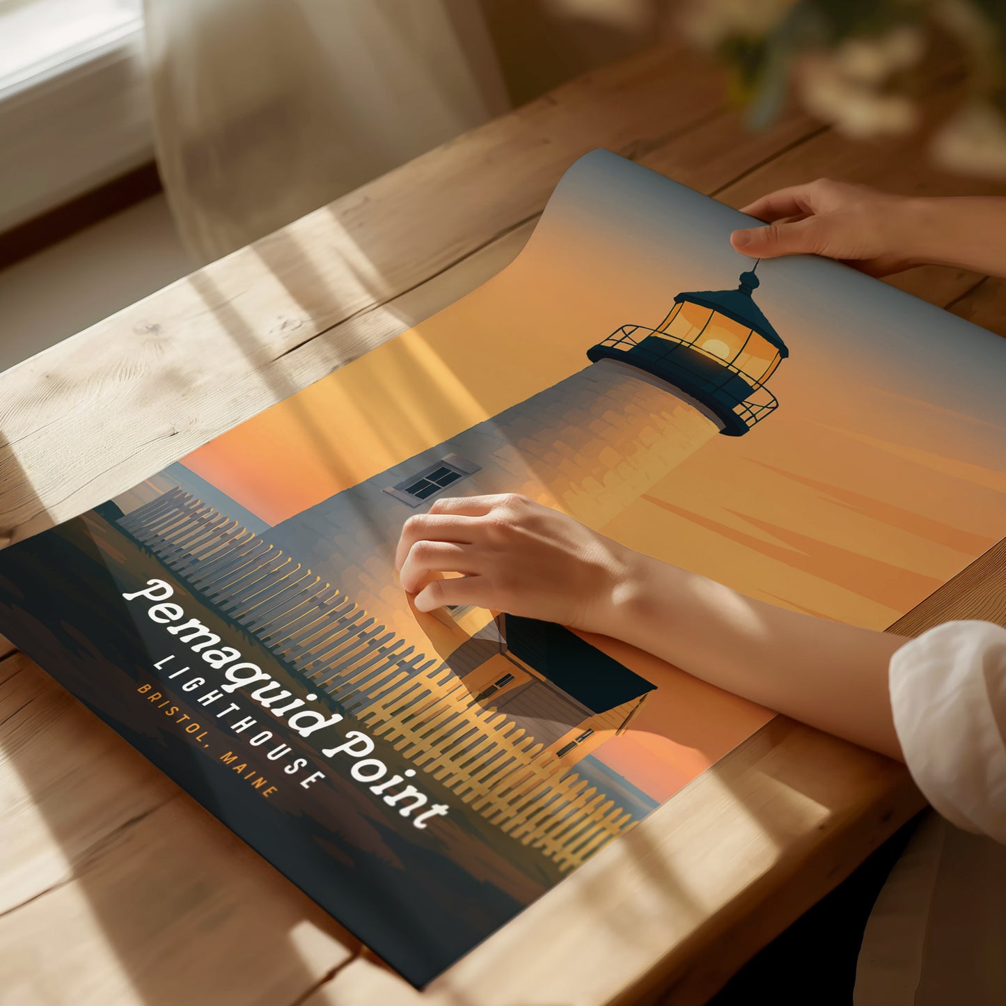 Vintage travel art poster featuring Pemaquid Lighthouse at sunset in warm oranges and yellows, framed for elegant home decor.