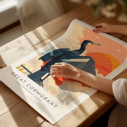 Great Cormorant, Phalacrocorax carbo Poster | Elegant Coastal Bird Wall Art — giclée print detail on matte paper
