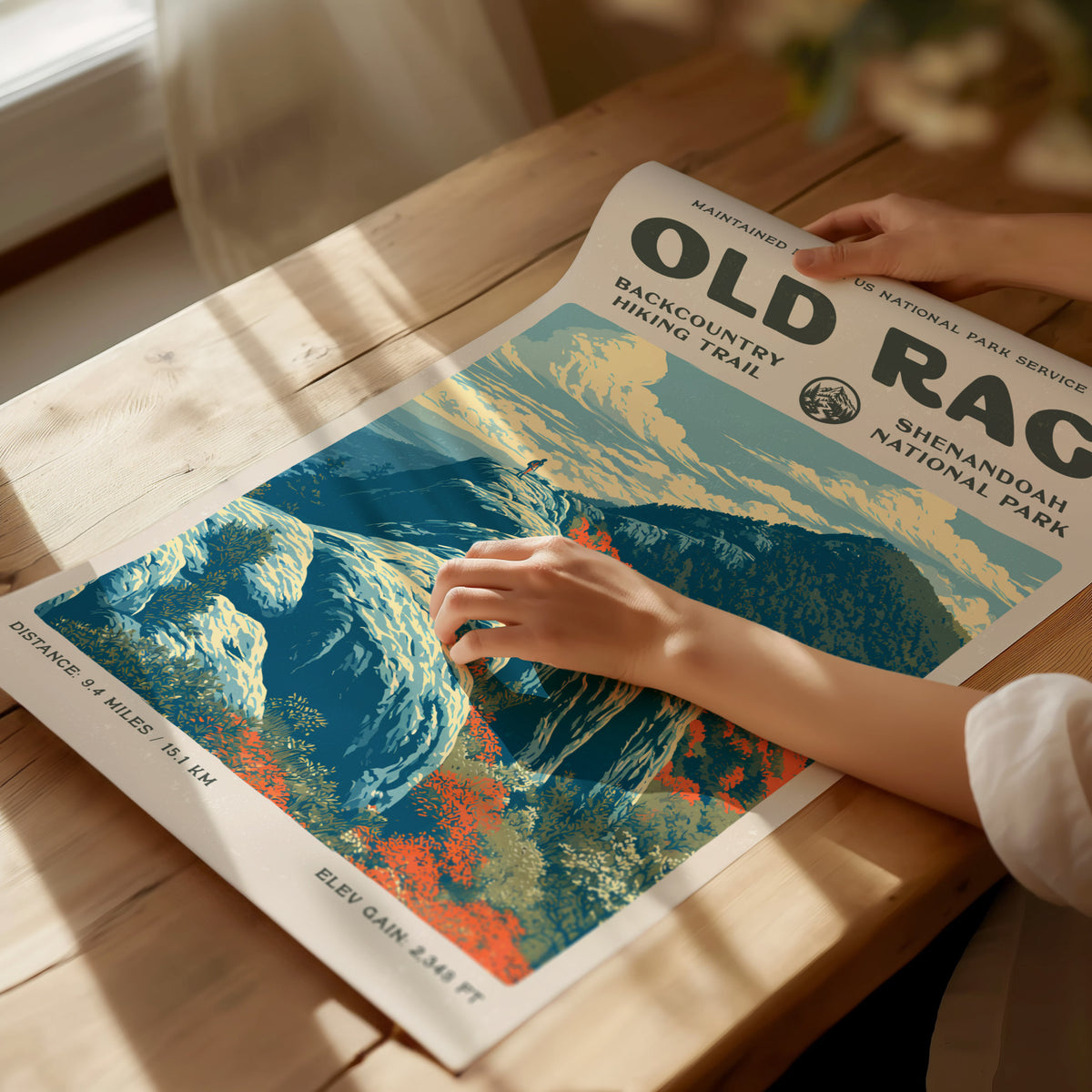 Old Rag, Shenandoah National Park Poster | Hiker Gift | Backcountry Trail Wall Art — giclée print detail on matte paper