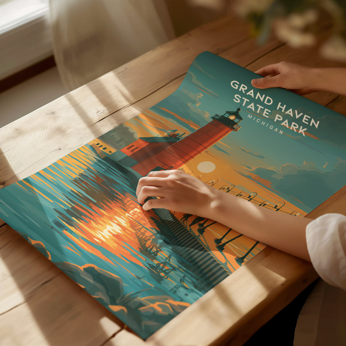 Grand Haven State Park, Michigan Poster | Lighthouse & Pier Beach House Decor Wall Art — giclée print detail on matte paper