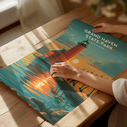 Grand Haven State Park, Michigan Poster | Lighthouse & Pier Beach House Decor Wall Art — giclée print detail on matte paper