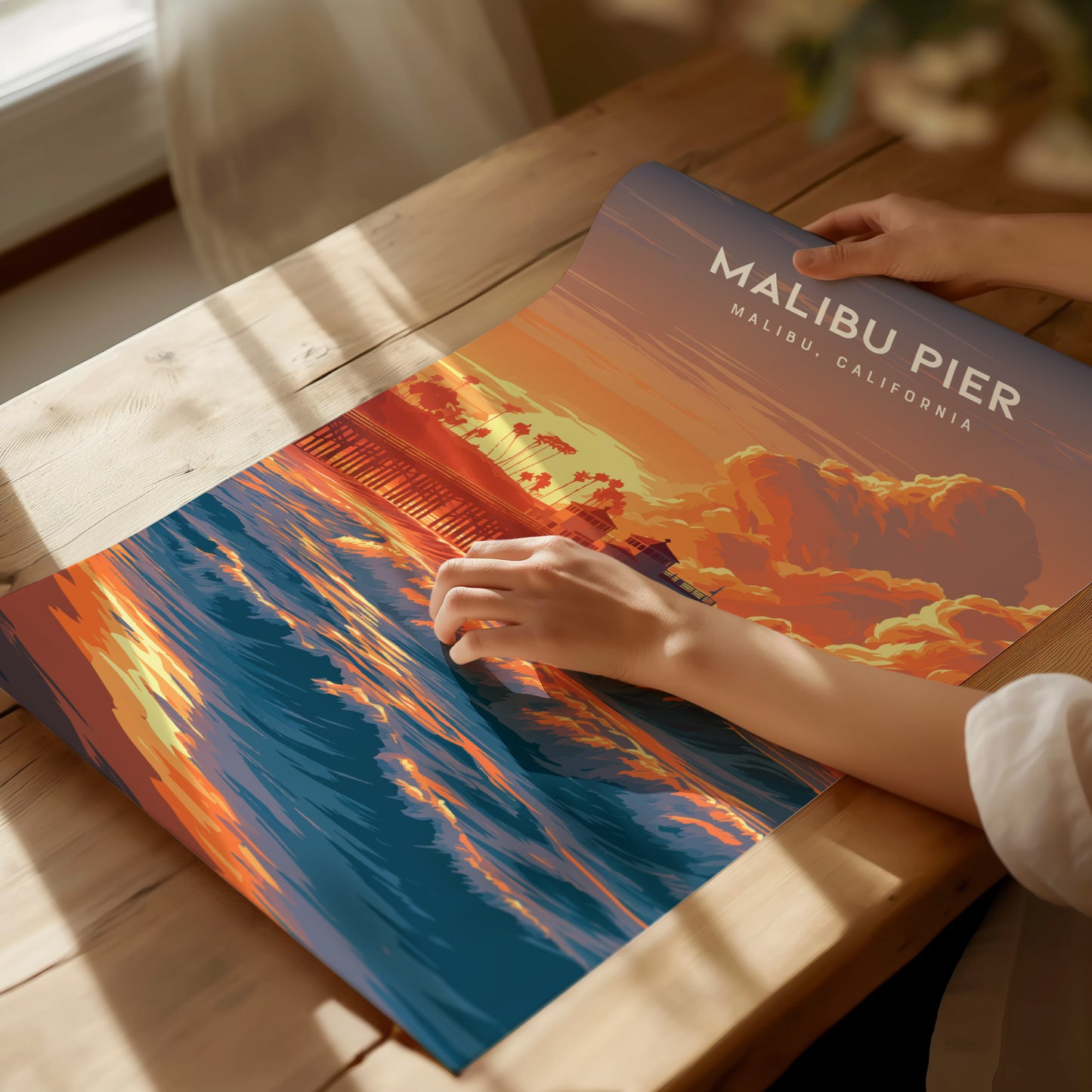 Malibu Pier, California Poster | Golden Coast Sunset Vibes Wall Art — giclée print detail on matte paper