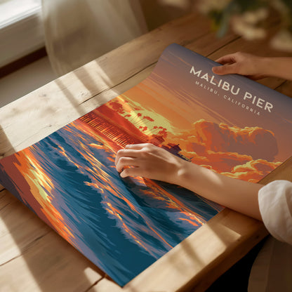 Malibu Pier, California Poster | Golden Coast Sunset Vibes Wall Art — giclée print detail on matte paper