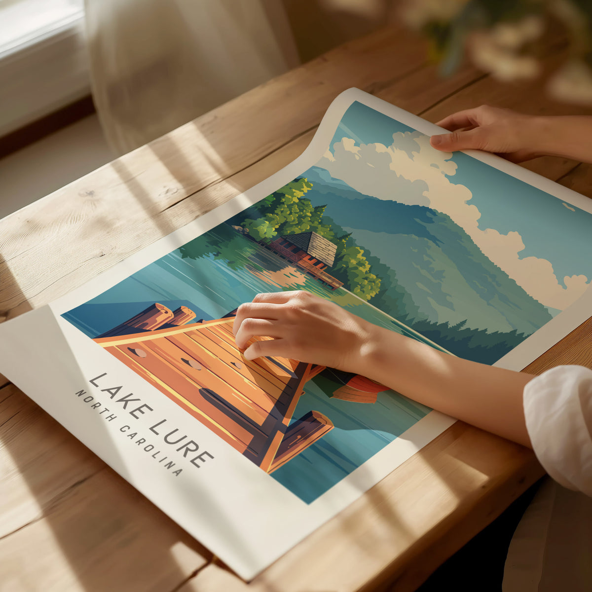 Lake Lure Matte Border Poster | North Carolina Vacation Wall Art — giclée print detail on matte paper