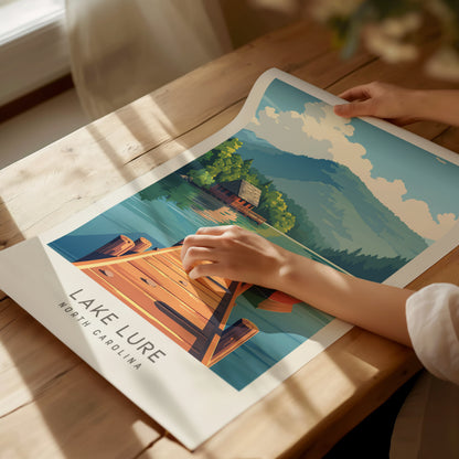 Lake Lure Matte Border Poster | North Carolina Vacation Wall Art — giclée print detail on matte paper