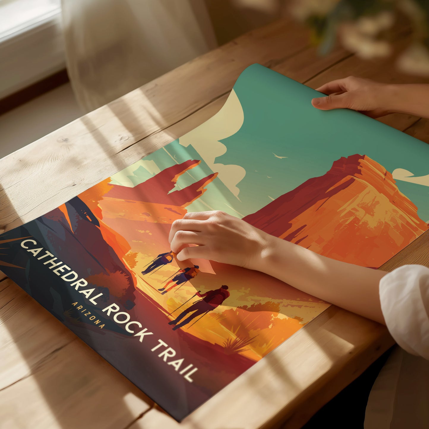A person unrolls a colorful Cathedral Rock Trail poster on a wooden table, depicting hikers and vibrant red cliffs under a blue sky. Sunlight casts soft shadows across the scene.