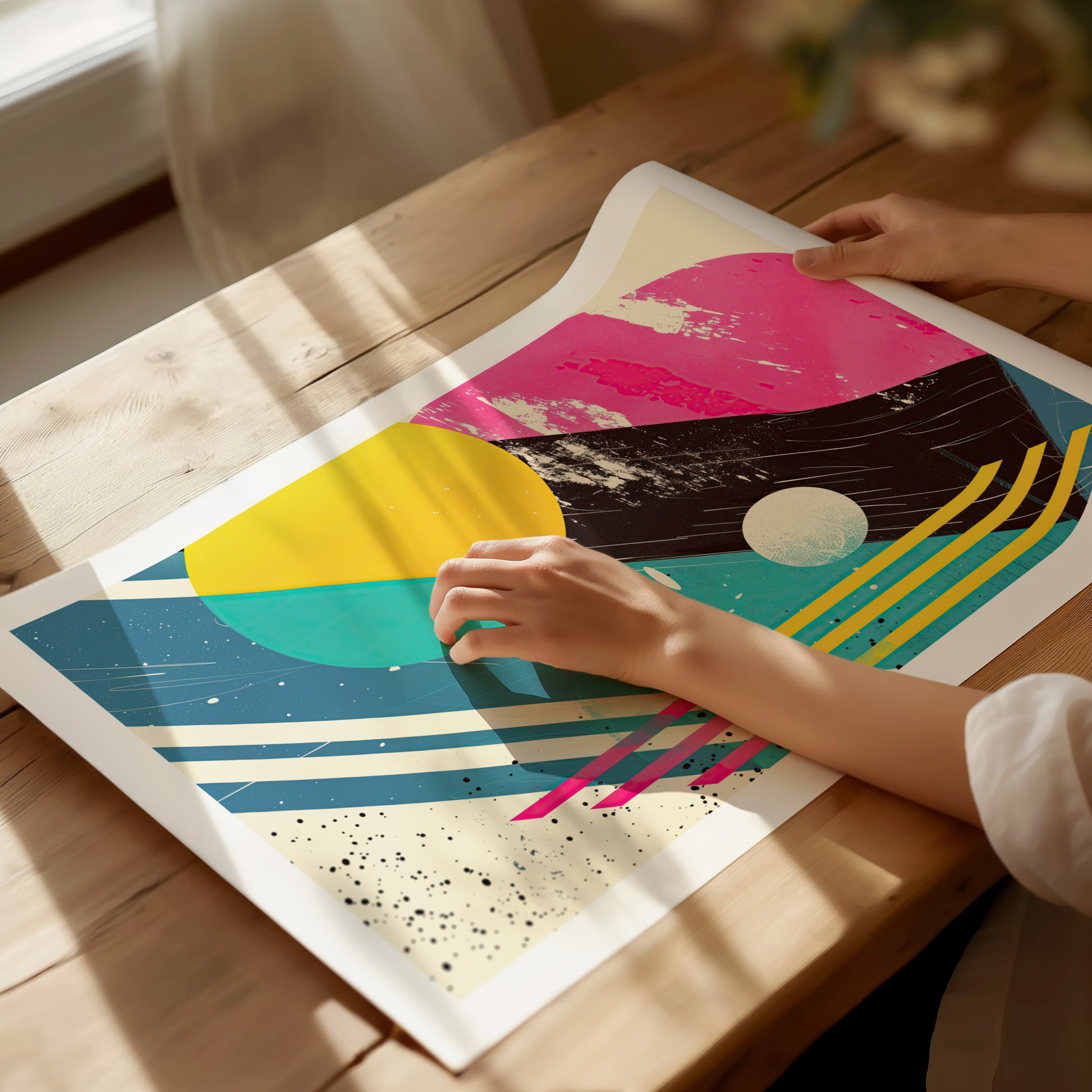A person examines a colorful abstract poster on a wooden table, featuring bold geometric shapes in yellow, pink, and teal, with distressed textures. Sunlight casts soft shadows across the scene.