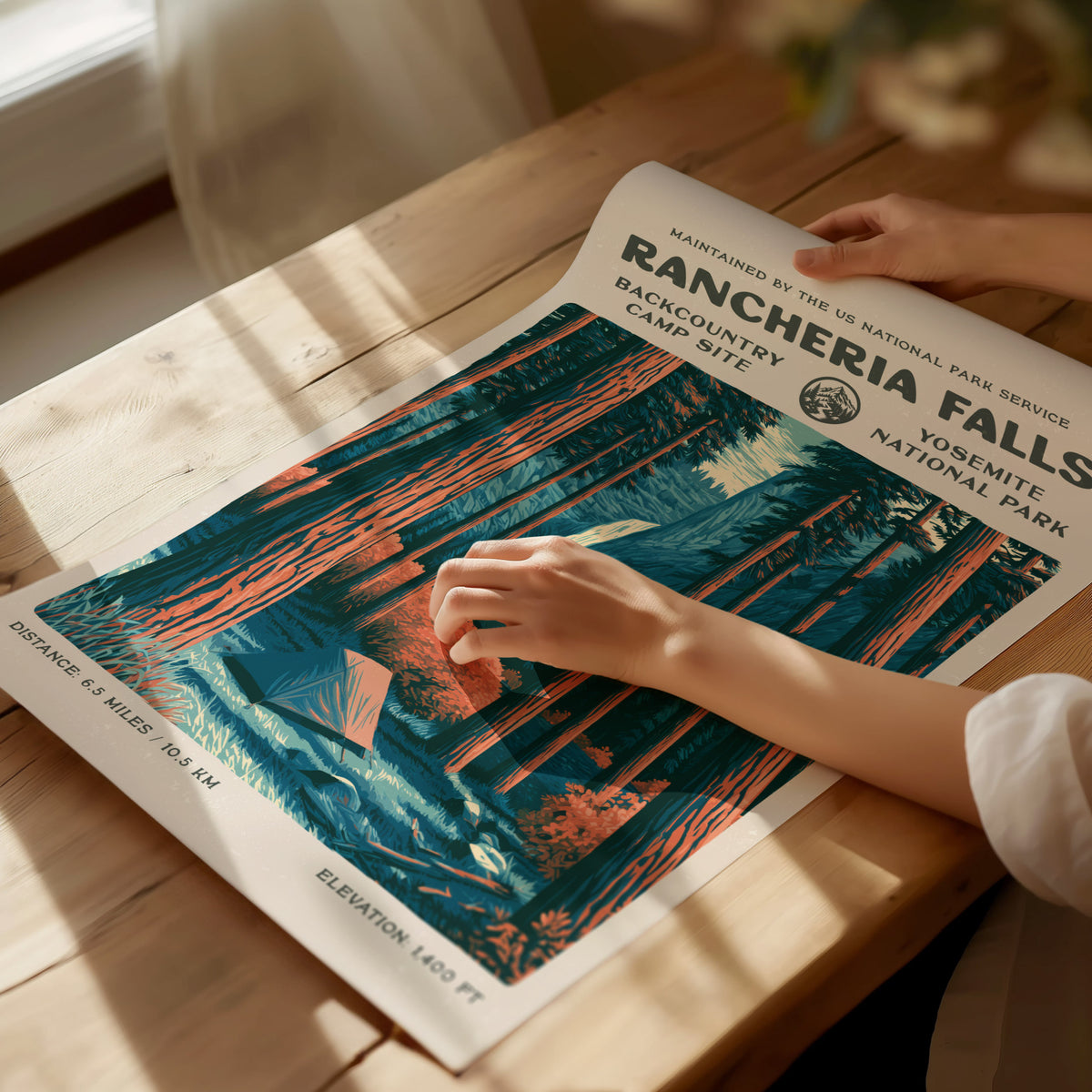 Rancheria Falls, Yosemite National Park Poster | Hiker Gift | Backcountry Trail Wall Art — giclée print detail on matte paper