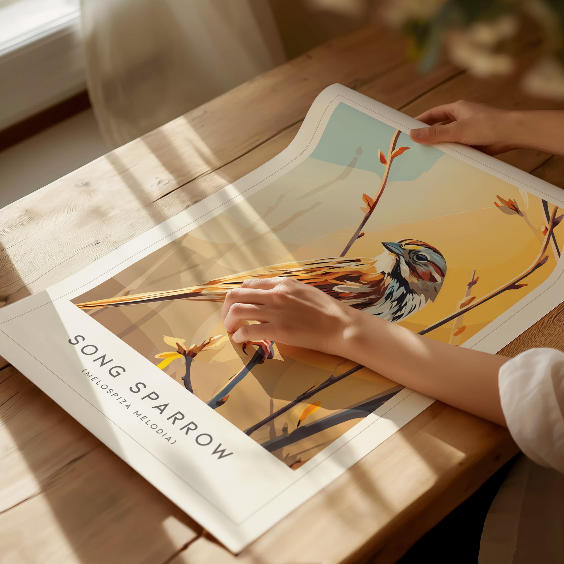 Song Sparrow Poster | Perched Songbird & Wildflower Meadow Wall Art — giclée print detail on matte paper